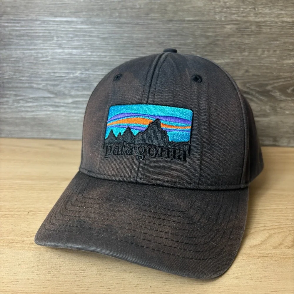 Patagonia Hat Cap Snap Back Trucker Black Embroidered Faded Mens Outdoors